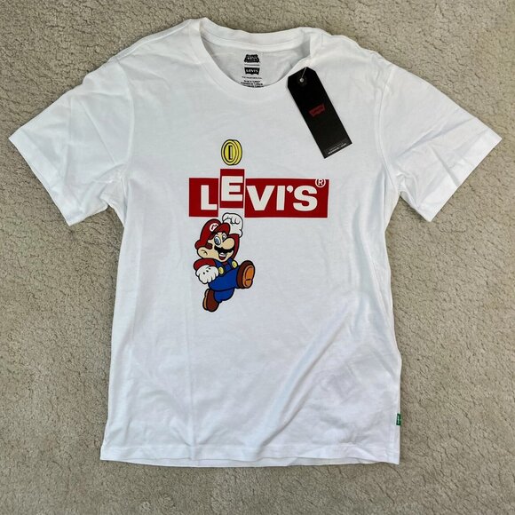 [XS] SUPER MARIO x LEVIS Collab Logo GRAPHIC T-Shirt Nintendo Jump Coin White - Picture 1 of 10